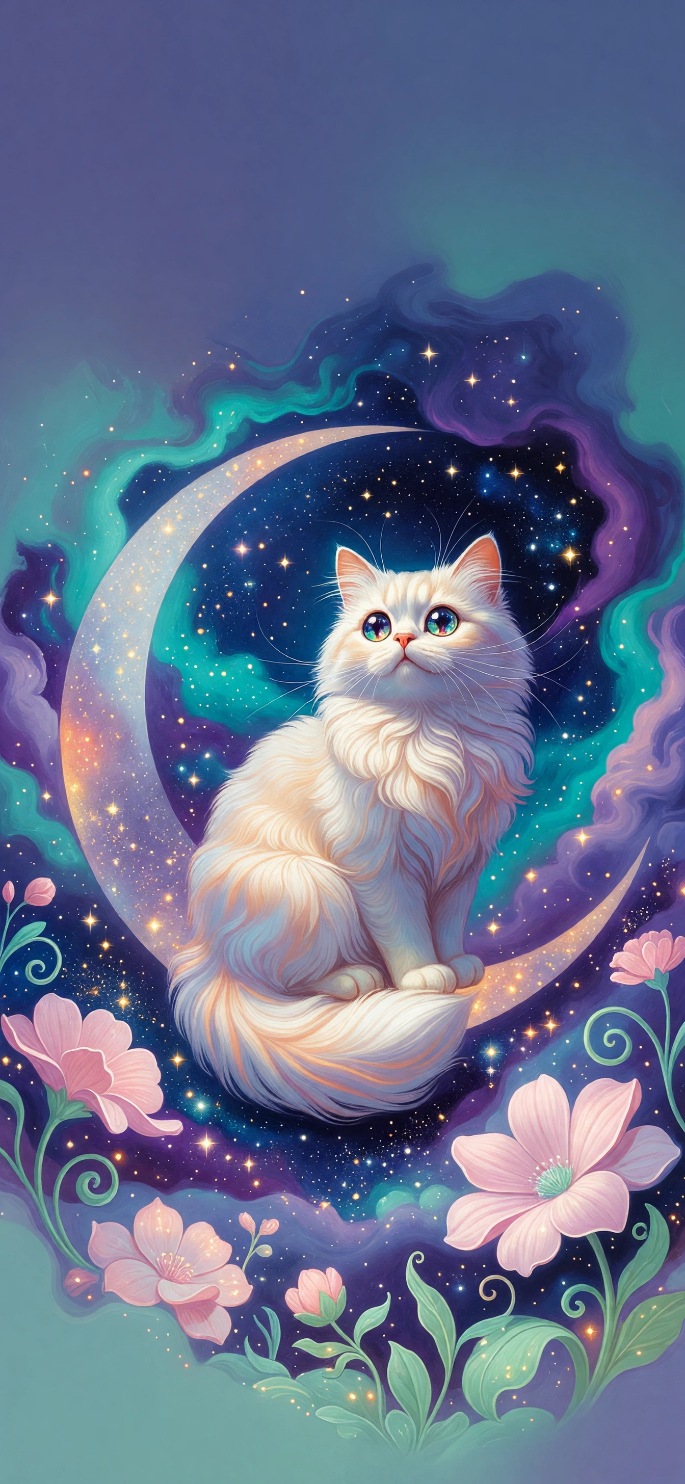 Ay Işığında Masalsı Kedi - masalsı kedi,  ay ve kedi,  yıldızlı gece,  pastel renkler